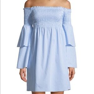 Romeo & Juliet Couture Blue/White Stripe Off The Shoulder Bell Sleeve Mini Dress